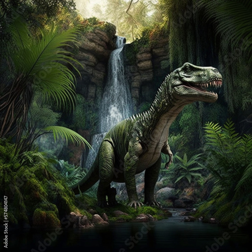 Dinosaur in the jungle near the waterfall © Anastasiia Revutska
