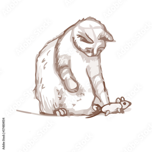 A quick sketch of a cat. The cat is playing with a toy mouse. Hand drawn vector illustration.