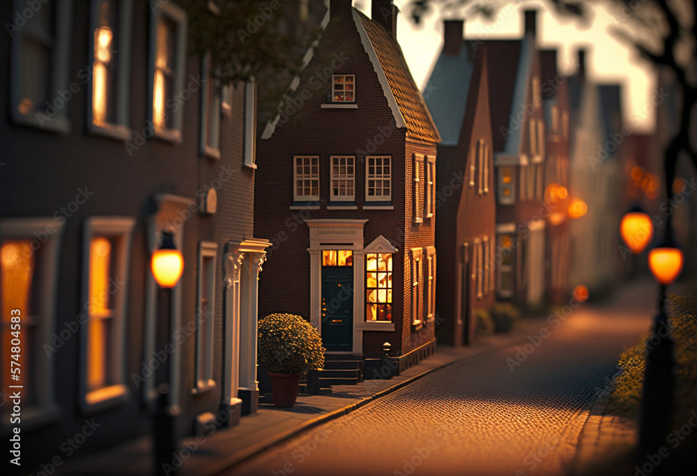 A Cozy Dutch Evening: An AI-Generated Render of a Traditional Neighborhood Scene Illuminated by Warm Lamp Light