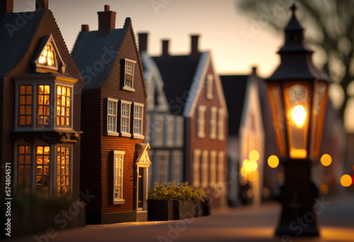 A Cozy Dutch Evening: An AI-Generated Render of a Traditional Neighborhood Scene Illuminated by Warm Lamp Light photo