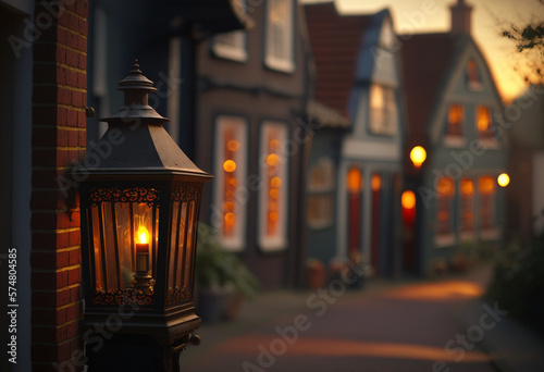 A Cozy Dutch Evening: An AI-Generated Render of a Traditional Neighborhood Scene Illuminated by Warm Lamp Light photo