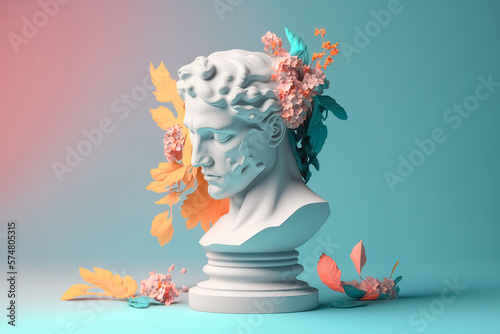 Abstract concept illustration from 3D rendering of white marble classical head sculpture with colorful flowers growing from broken side and isolated on pastel blue background. Generative AI