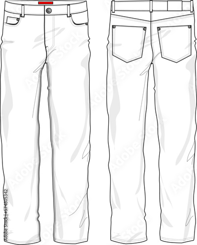 Denim long pants jeans fashion flat sketch model template mock-up technical illustration	
