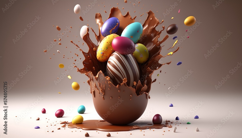 Chocolate easter egg splash. Generative AI - obrazy, fototapety, plakaty 