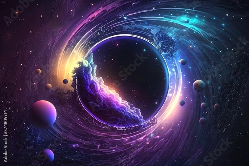 Cosmic outer space holographic background. Planet moon violet futuristic abstract landscape Generative AI