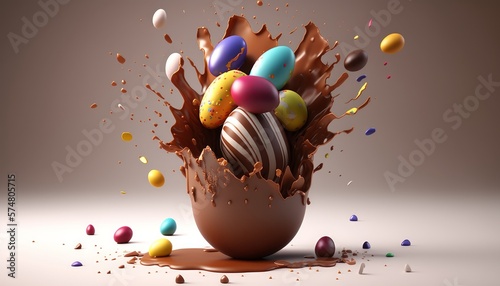 Chocolate easter egg splash. Generative AI photo