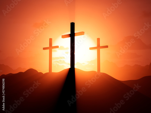 Three religious crosses during sunset on jerusalem hill, spiritual symbol to celebrate resurrection of christ and easter concept. Holy crucifix worshiping god and sacrifice. 3d render