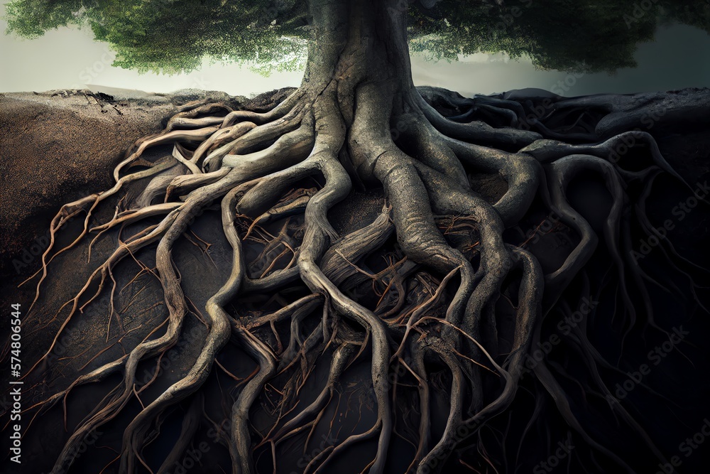 Tree Roots In Soil Close Up, Underground Texture, Illustration