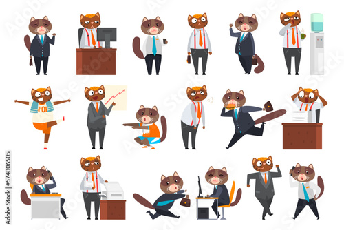 Businessman cat character in formal clothes set. Funny humanized animal in different business activities cartoon vector illustration
