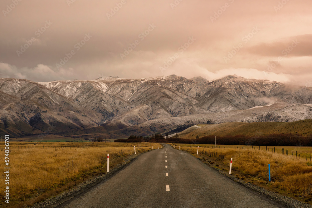 Views of the snow covered mountain range  on the journey back from the alpine Lake Ohau in the remote middle of nowhere