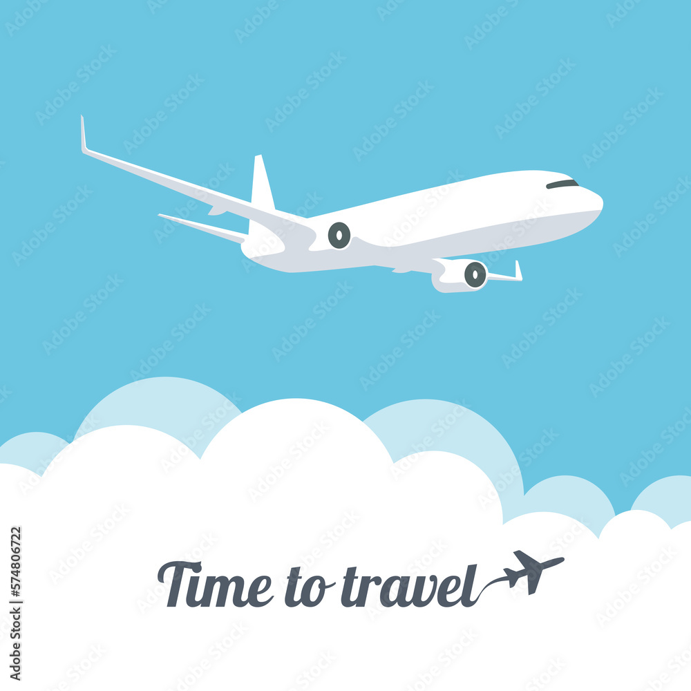 Flying plane in the sky. Time to travel. Airplane trace in trendy flat style isolated on blue background. International transportation. Vector illustration.