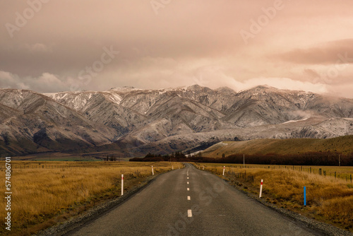 Views of the snow covered mountain range on the journey back from the alpine Lake Ohau in the remote middle of nowhere