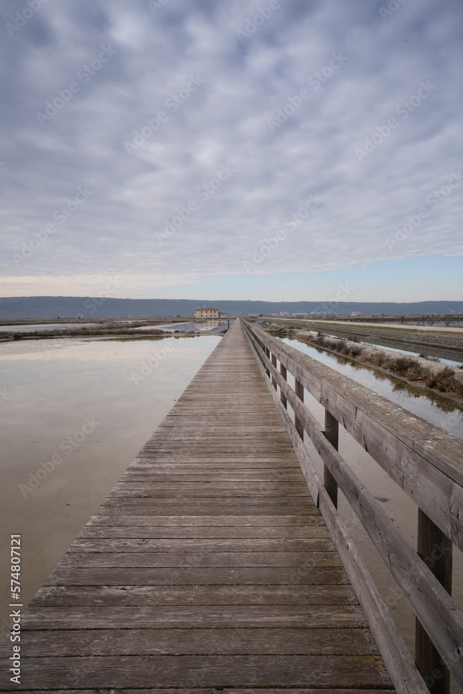 Winter panoramic view of marine pools in Secovlje salt pan, Slovenia 