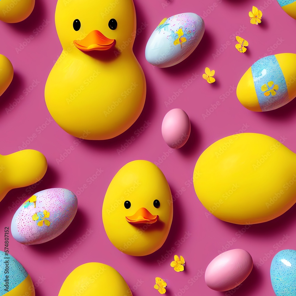 Seamless abstract easter theme pattern with yellow ducks and painted eggs on a pink background. Generative AI