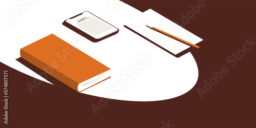 Book and phone on the table. Next to a sheet and a pencil. The concept of learning or reading.