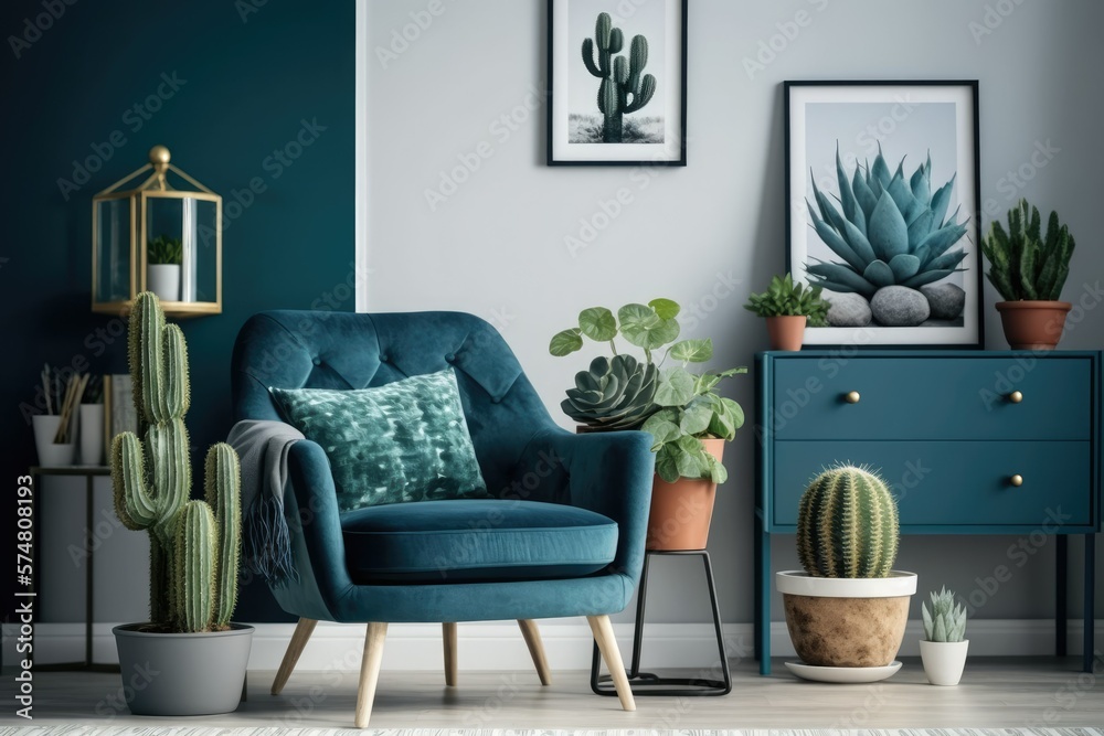 A fashionable blue and navy toilet, cacti in a lastrico pot, a design
