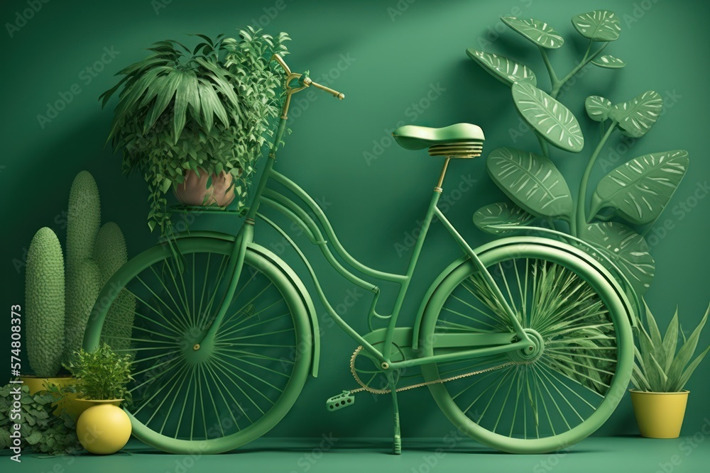 Eco-friendly light green decorated with plants and green bike (Generative  AI) Stock Illustration | Adobe Stock