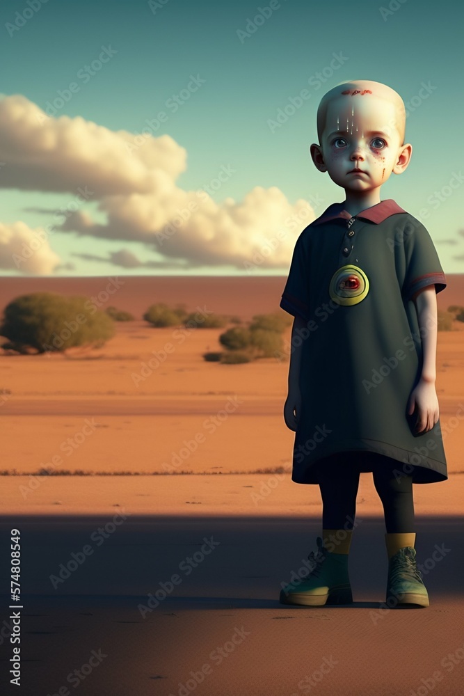 The image depicts a creepy zombie toddler, a 3D character created by