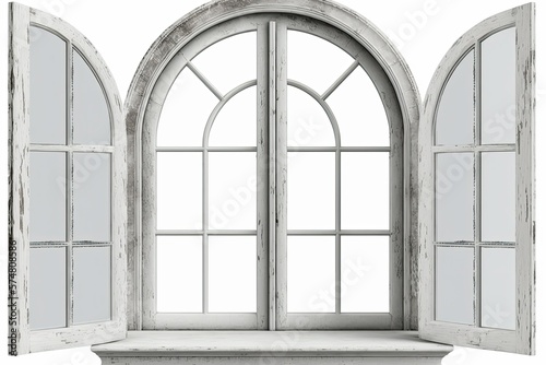 Old white-painted wooden windows, squares, and arches isolated on white background, clipping path. Generative AI