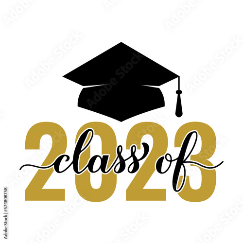 Class of 2023 lettering with graduation cap isolated on white. Congratulations to graduates typography poster. Vector template for greeting card, sticker, banner, label, t-shirt, etc.