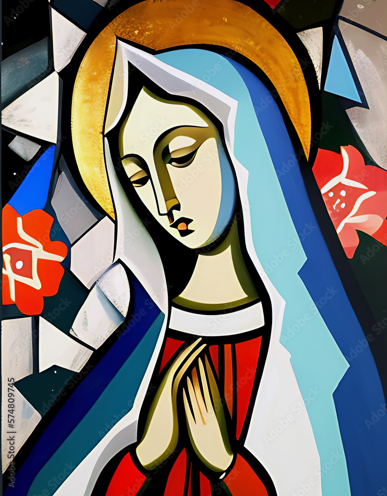 Virgin Mary , glass panel in a church - Created with Generative AI Technology
