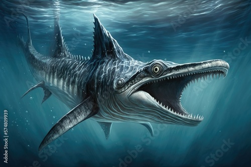 Stenopterygius quadriscissus, an extinct marine reptile that lived from the Early Triassic to the Late Cretaceous, is shown here swimming in the ocean. Generative AI