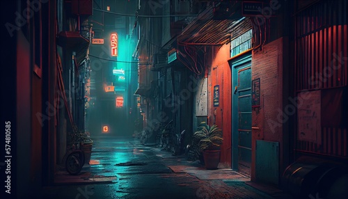 3D rendered computer generated image of a futuristic neo cyberpunk urban alleyway. Bright blue light in empty alley with no people. Inner city buildings and modern architecture look and feel photo