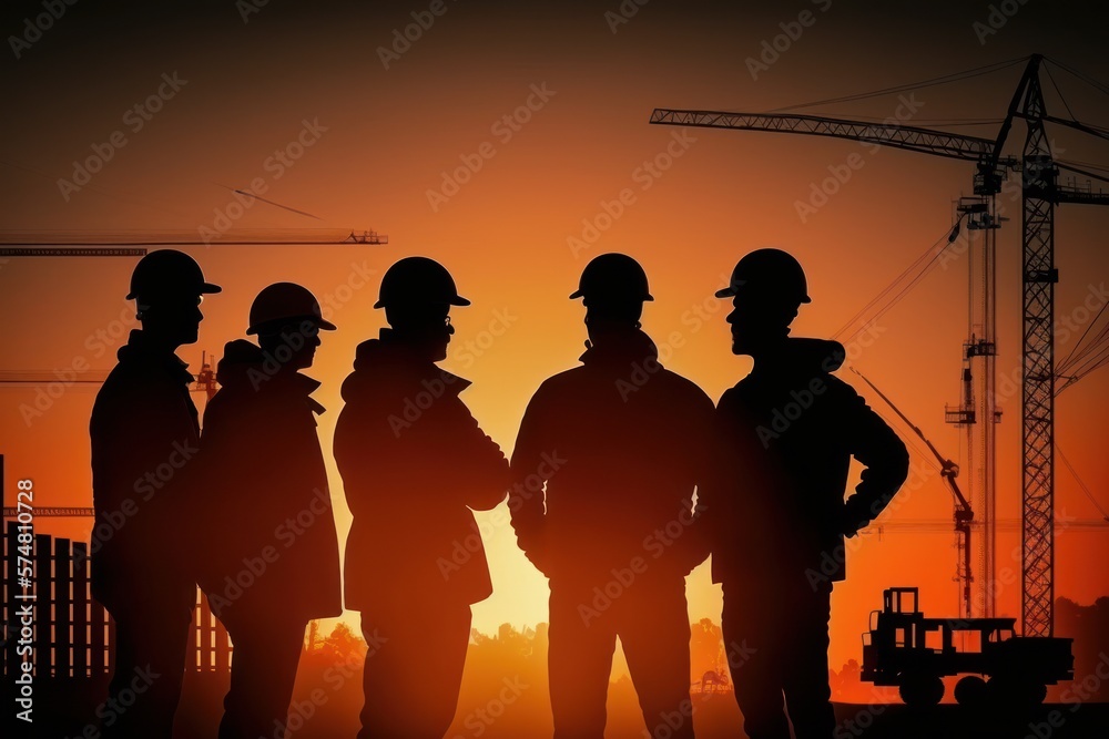 engineers in action. A team on a construction site in silhouette (Generative AI)