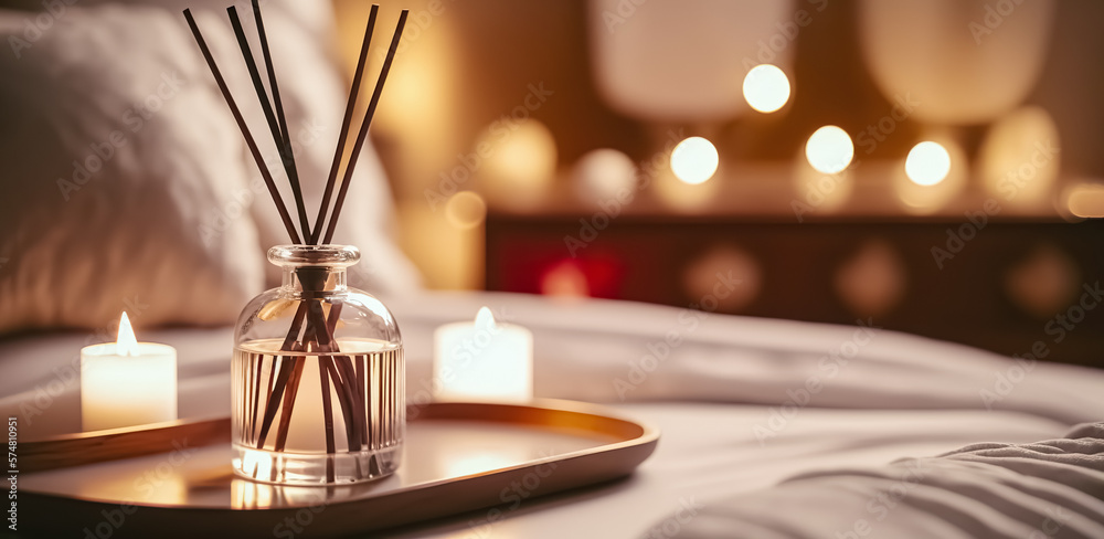 Relaxing Oasis with an Aroma Diffuser and Candle Tray for a Blissful and Wellness-Focused Atmosphere. digital ai art	 - obrazy, fototapety, plakaty 