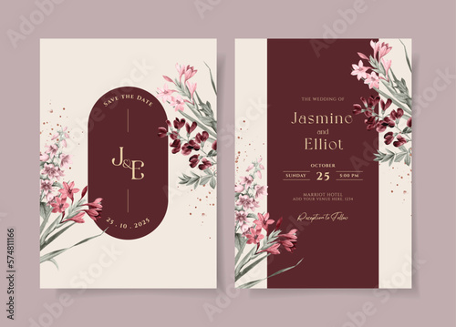 Minimalist wedding invitation template set with burgundy floral and leaves decoration
