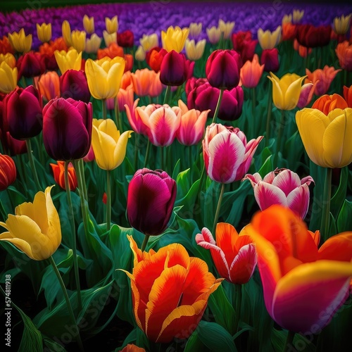 [Tulip], [Beautiful flowers], A vibrant garden of colorful tulips stretches out as far as the eye can see, their petals soft to the touch and their scent sweet and fragrant. 