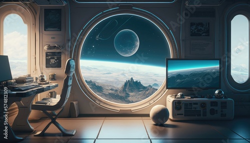 Space Station Oasis: A Futuristic Room with a View of the Universe, AI generative