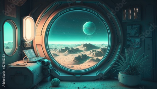 Galactic Getaway: A Room with a View of a Futuristic Planet and Its Wonders, AI generative © NikoArakelyan