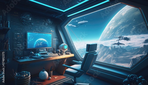 Cosmic Retreat: A Futuristic Room with a View of a Planet's Majestic Beauty, AI generative