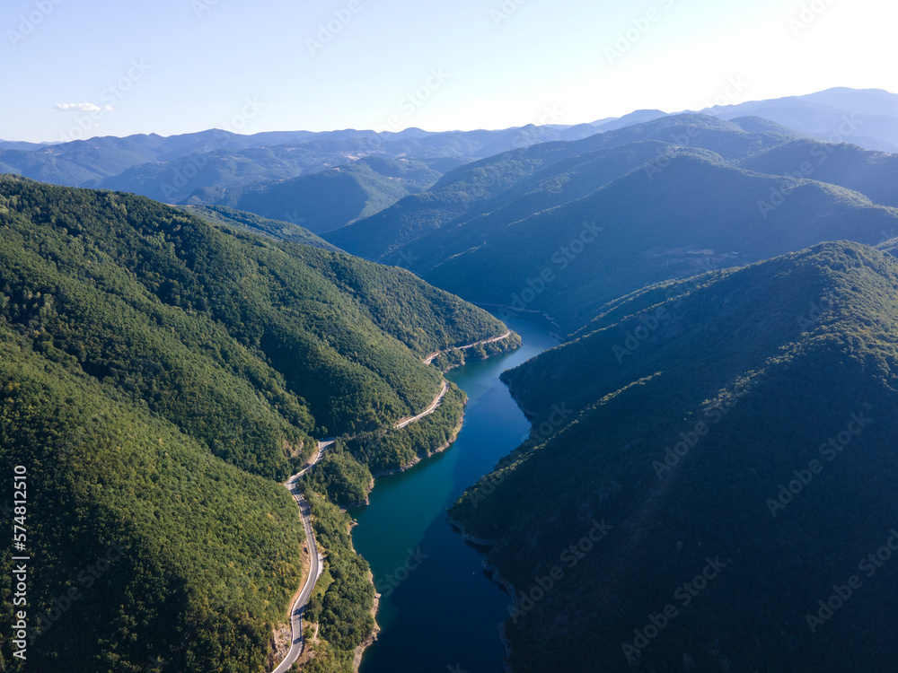 Aerial summer view of Vacha Reservoir, Bulgaria