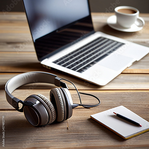 Laptop, headphone, notebook, pen and coffee on wooden business desk.