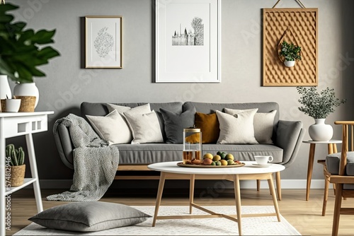 A stylish carpet, gray sofa with a design, wooden coffee table, beige side table, pillows, and personal items compose a creative living room décor. Elegant decor. Template. Generative AI