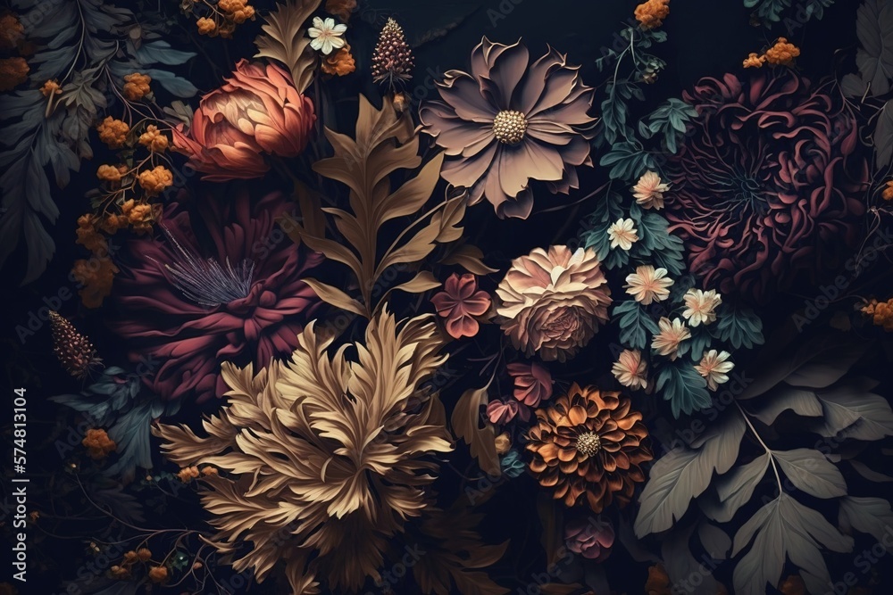 Dark floral background. Generative AI illustration