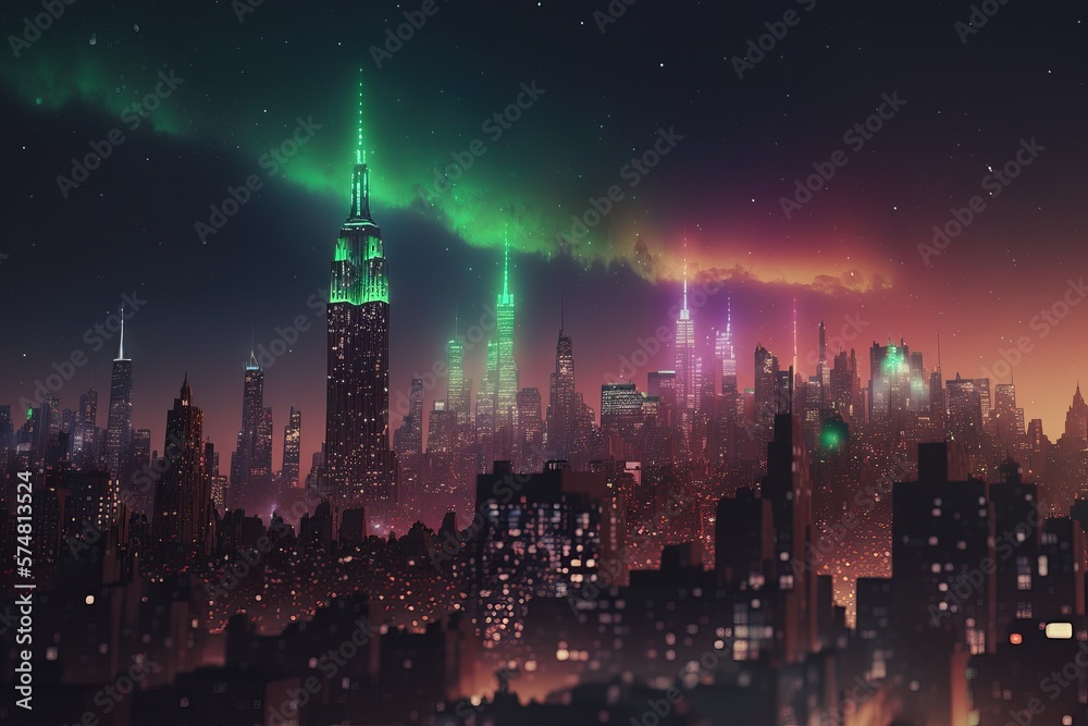 Nothern Lights above New York City, gerative AI