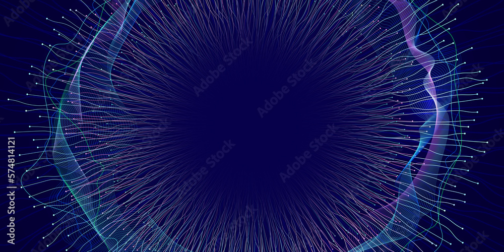 Data flow, neural connections, abstract design on tech blue background. Image for design on theme of artificial intelligence, big date, network analytics. Multicoloured lines flying out from center