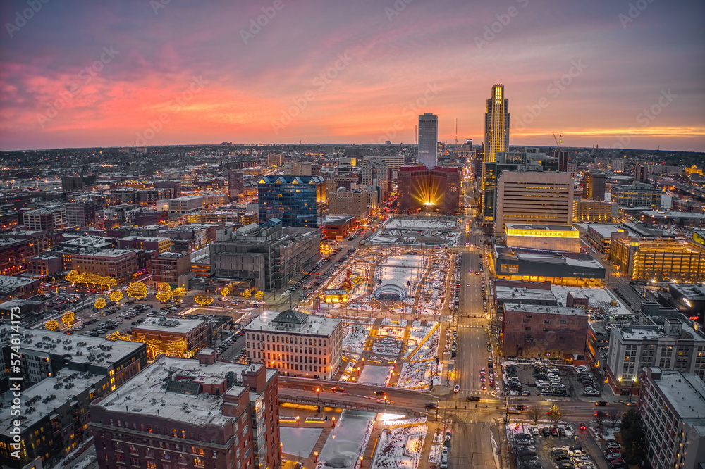 Aerial View of a Winter Sunset in Omaha, Nebraska with Holiday Lights - obrazy, fototapety, plakaty 
