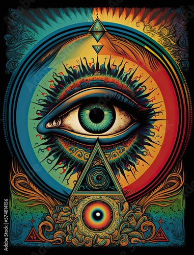 Psychedelic all seeing eye and pyramid design with vibrant colors-Generative AI