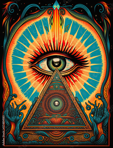 Psychedelic all seeing eye and pyramid design with vibrant colors-Generative AI