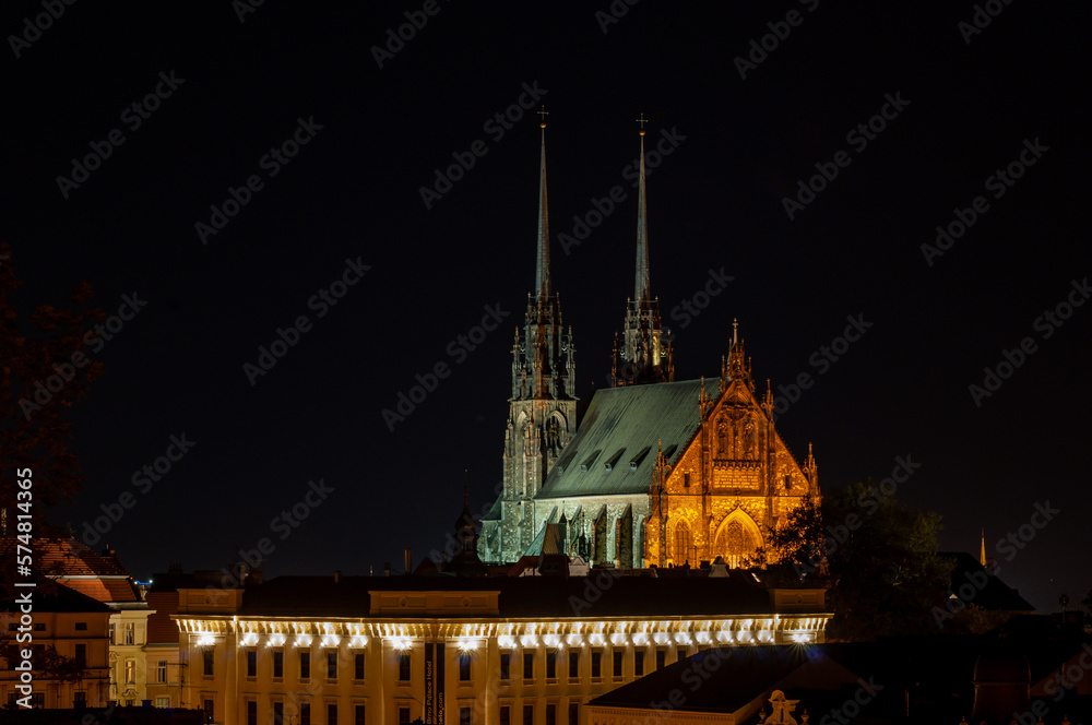 Cathedral of Saints Peter and Paul illuminated by lights at night. Brno, Czech Republic.