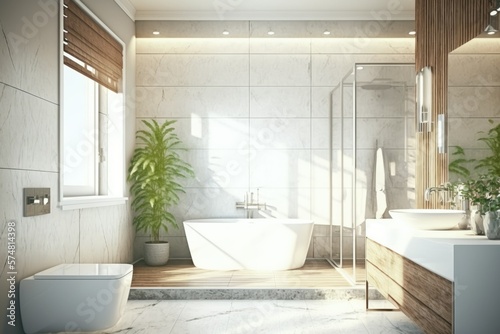 Luxury bathroom with tiled oak walls and a corner white bathtub. simulated double-exposure. Generative AI