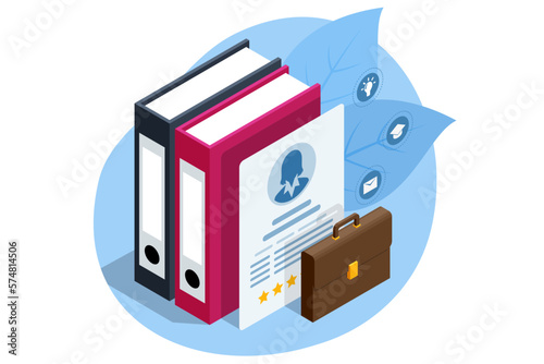 Isometric CV, hiring and recruitment concept for web page, banner, presentation. Job interview, recruitment agency Personal Data Information App, Identity Private Concept. Digital data Secure Banner.