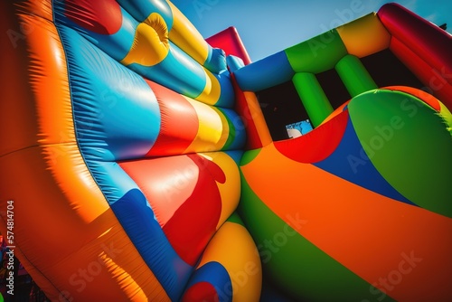 Slika na platnu Colorful bouncy castles, without anyone. Ai generated.
