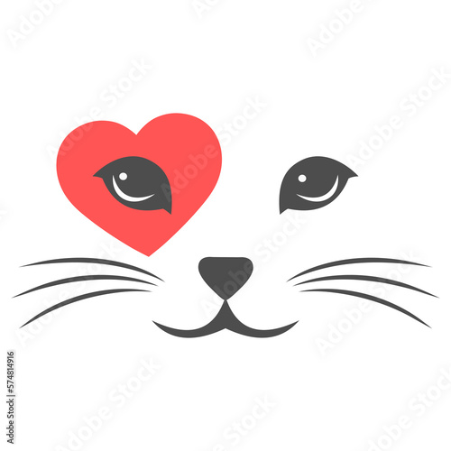 Illustration of a cute muzzle of a cat with a heart on a white background