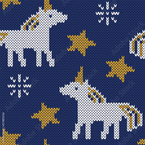 Unicorn and stars jacquard knitted seamless pattern. Trendy 8 bit game style. Winter funny background for socks or sweater design. Vector illustration