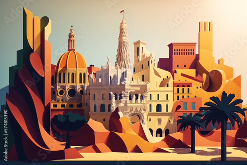 a vibrant spain with famous landmarks such as the Royal Palace, Park Güell, and Giralda Tower. The Spanish flag is subtly incorporated into the background with red and yellow stripes. generative ai